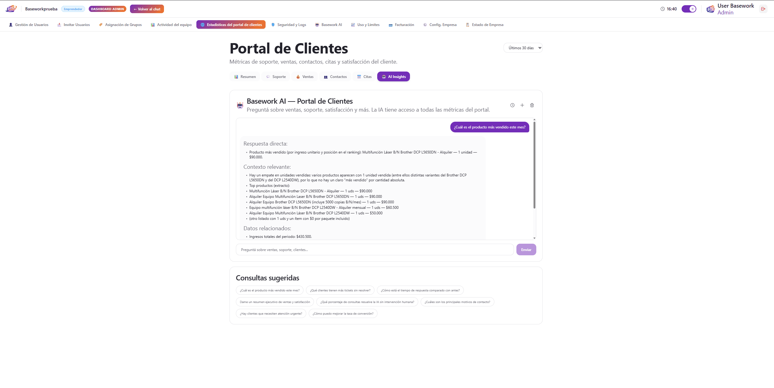 Portal de clientes: métricas completas